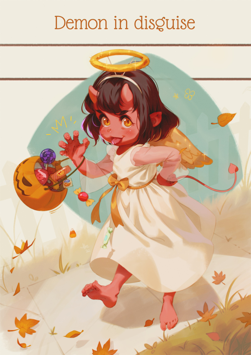 1girl alkemanubis barefoot black_hair blush bow candy claws closed_mouth colored_skin commentary demon_girl demon_horns demon_tail dress english_commentary english_text fake_halo food full_body hairband halloween halloween_bucket halo hand_on_own_hip highres horns jack-o'-lantern long_sleeves looking_at_viewer orange_eyes original pointy_ears red_skin see-through see-through_sleeves short_hair soles solo tail toes tongue tongue_out walking white_dress white_hairband yellow_bow