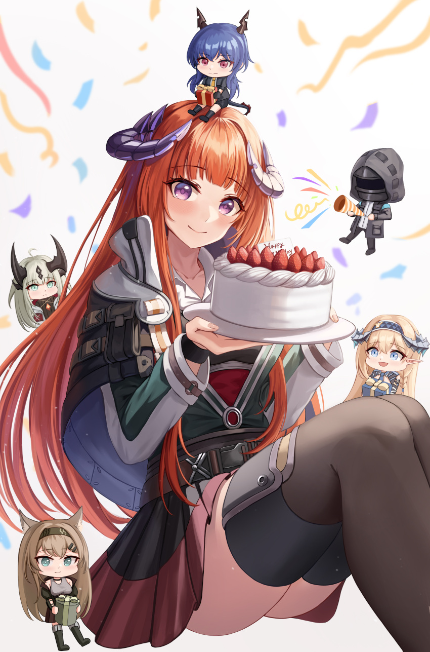 1other 5girls absurdres arknights bagpipe_(arknights) bare_shoulders black_hairband black_thighhighs blonde_hair blue_eyes blue_hair blush box cake ch'en_(arknights) commentary daisy_cutter doctor_(arknights) dragon_horns feet_out_of_frame food gift gift_box grey_hair grey_tank_top hairband highres holding holding_box holding_food horn_(arknights) horns long_hair long_sleeves looking_at_viewer mini_person minigirl miniskirt multiple_girls orange_hair purple_eyes red_eyes reed_(arknights) saileach_(arknights) simple_background sitting skirt smile tank_top thighhighs very_long_hair white_background