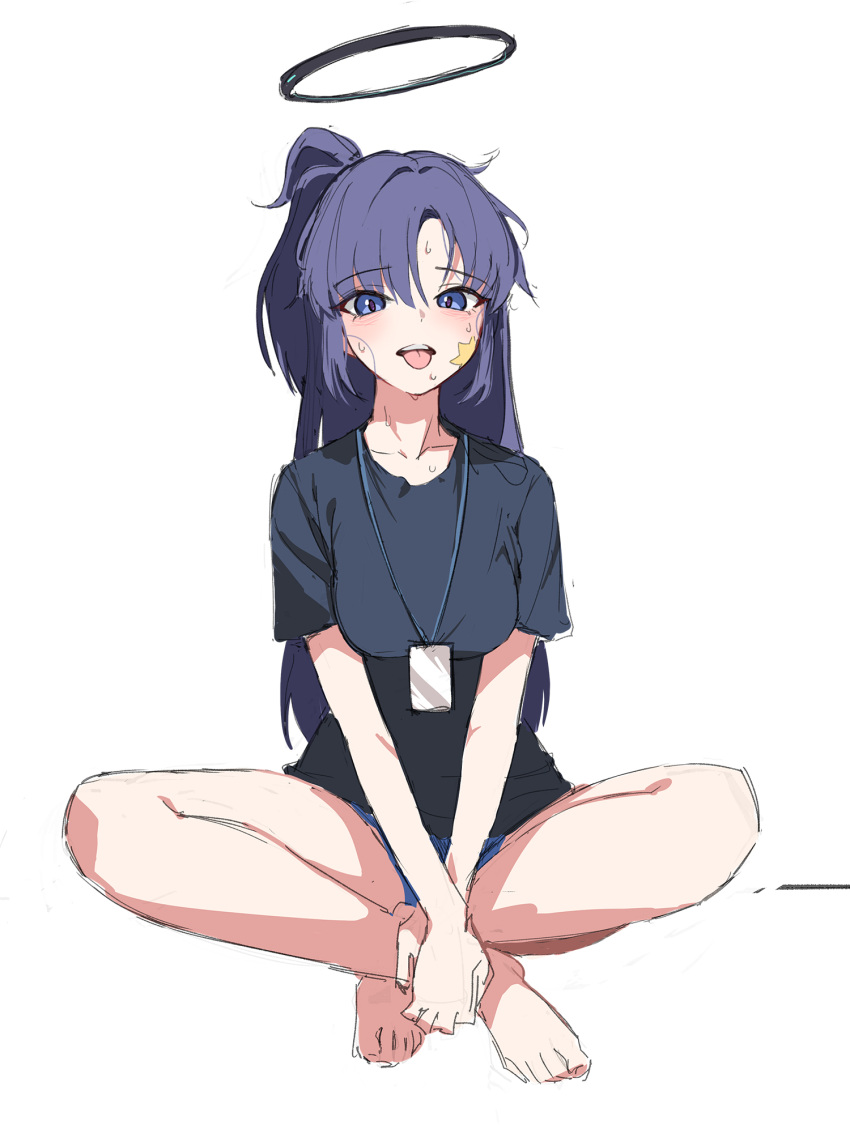 1girl bare_legs barefoot blue_archive blush breasts collarbone english_commentary halo highres indian_style jason_kim lanyard legs looking_at_viewer medium_breasts official_alternate_costume purple_eyes purple_hair simple_background sitting sketch solo sweat toes tongue tongue_out white_background yuuka_(blue_archive) yuuka_(track)_(blue_archive)