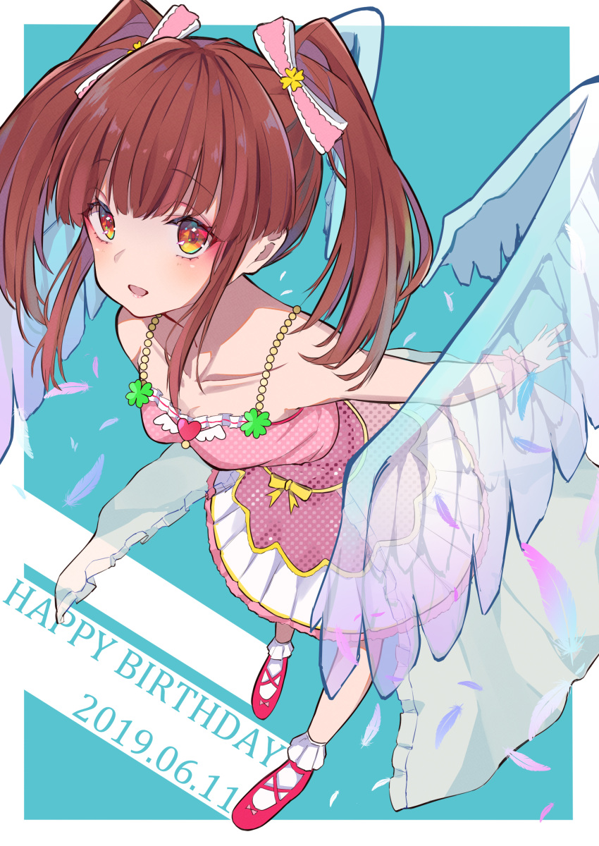 1girl absurdres aqua_background bare_shoulders blush breasts brown_hair collarbone commentary_request dated dress falling_feathers feathered_wings hair_intakes happy_birthday highres idolmaster idolmaster_cinderella_girls komugipan looking_at_viewer ogata_chieri patterned_background pink_dress red_footwear sidelocks sleeveless sleeveless_dress small_breasts smile solo transparent_wings twintails wings