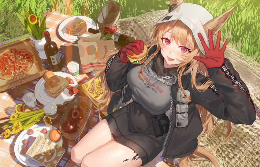 1girl absurdres animal_ears arknights black_jacket black_skirt blanket blush book bottle breasts burger ceobe_(arknights) ceobe_(unfettered)_(arknights) commentary dog_ears dog_girl ears_through_headwear flower food fruit glass gloves grass grey_shirt highres holding holding_food hongbaise_raw jacket large_breasts light_brown_hair long_hair looking_at_viewer looking_up open_clothes open_jacket open_mouth oripathy_lesion_(arknights) outdoors picnic pink_eyes pizza plate red_flower red_gloves sandwich shirt sidelocks sitting skirt smile solo strawberry tomato tulip wariza wine_bottle