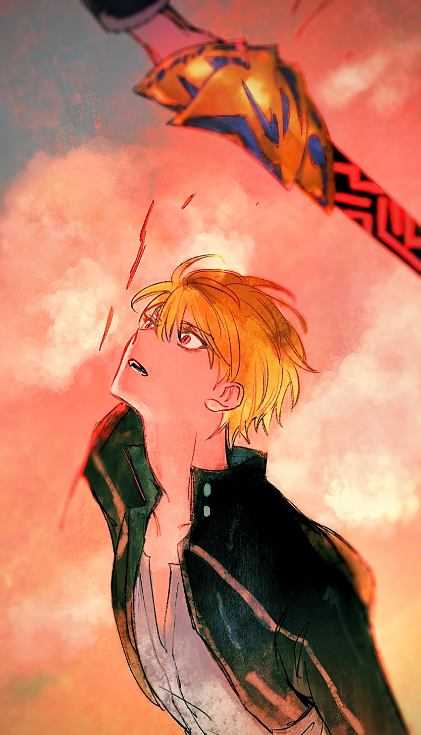 1boy abstract_background amputee arm_at_side black_jacket blonde_hair blood collarbone commentary_request ea_(fate/stay_night) fate/stay_night fate/unlimited_blade_works fate_(series) floating_hair gilgamesh_(fate) gilgamesh_(immoral_biker_jacket)_(fate) head_back high_collar highres holding holding_sword holding_weapon jacket male_focus open_clothes open_jacket open_mouth red_eyes severed_arm severed_limb shirt short_hair slit_pupils solo spoilers surprised sword upper_body weapon white_shirt wide-eyed zumu_(quw87)