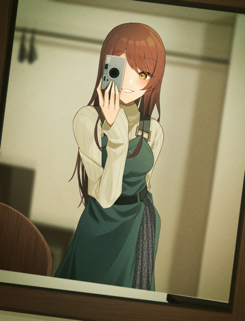 1girl animal_print blush camera commentary dress green_dress grey_skirt highres holding holding_camera idolmaster idolmaster_shiny_colors leopard_print long_hair long_sleeves looking_at_viewer mirror odecono3 open_mouth osaki_amana red_hair reflection ribbed_sweater selfie side_slit skirt skirt_under_dress smile solo sweater swept_bangs taking_picture teeth turtleneck turtleneck_sweater white_sweater yellow_eyes