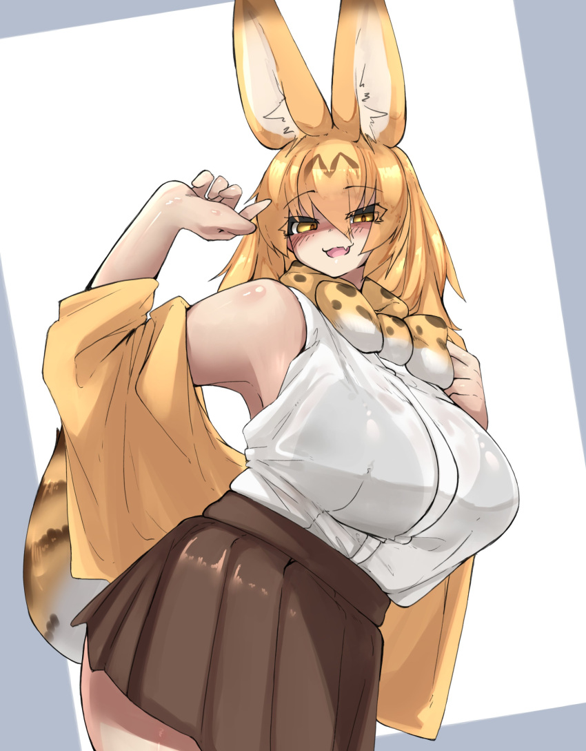 absurd_res animal_humanoid big_ears blonde_hair blush bottomwear bow_tie bra clothed clothing dipstick_ears dipstick_tail felid felid_humanoid feline feline_humanoid female hair hi_res highlights_(coloring) humanoid inner_ear_fluff kemono_friends mammal mammal_humanoid markings medium_hair multicolored_ears open_mouth serval-chan serval_humanoid skin_fang skirt solo tail tail_markings translucent translucent_clothing tuft underwear urisaba yellow_eyes