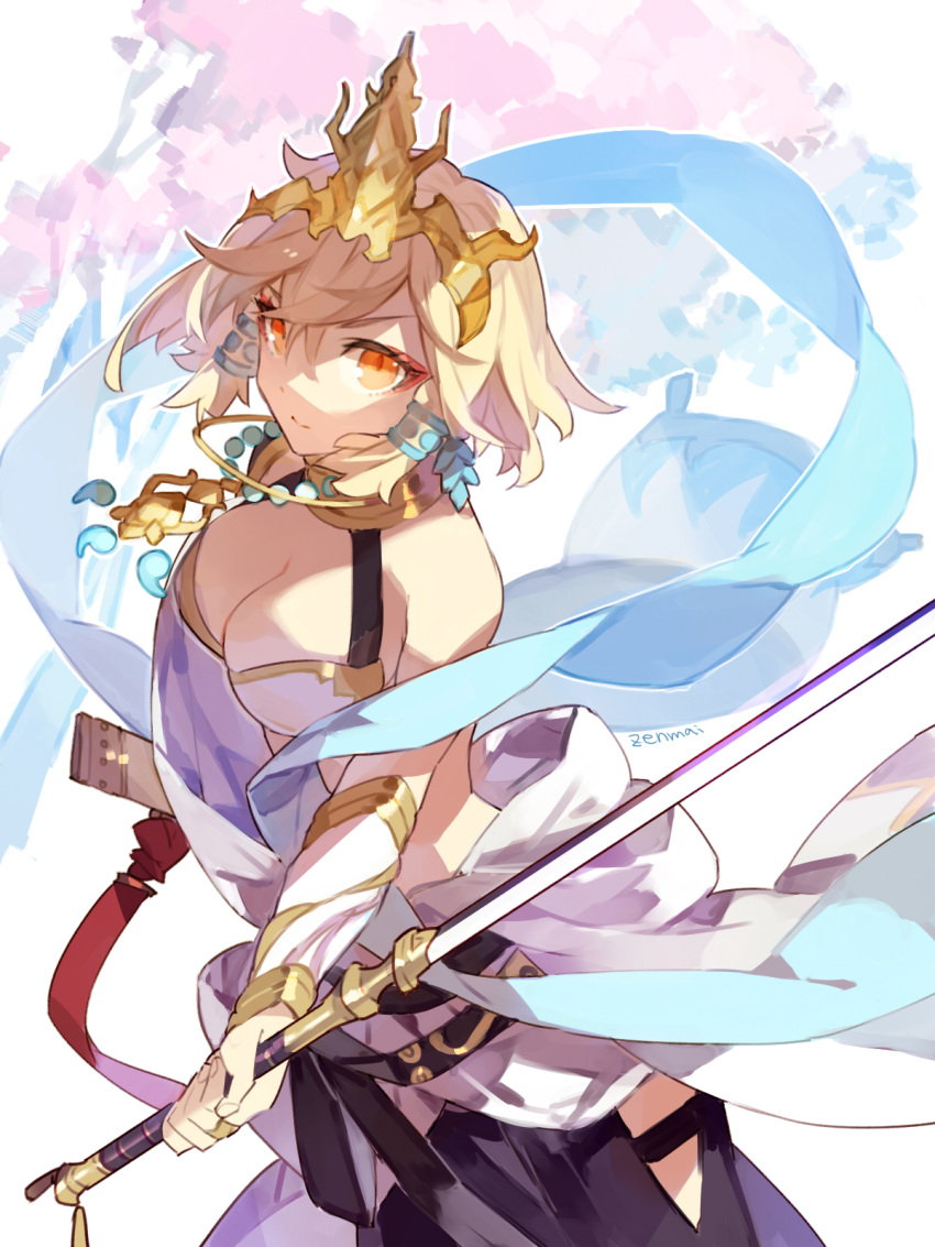 1girl artist_name bare_shoulders black_pants blonde_hair breasts cleavage closed_mouth cowboy_shot cyenmi3 djeeta_(granblue_fantasy) eyeliner flower granblue_fantasy hagoromo hair_tubes headpiece highres holding holding_sword holding_weapon jewelry looking_at_viewer makeup medium_breasts necklace orange_hair pants ring robe rose shawl sheath short_hair solo standing sword vambraces weapon white_flower white_robe white_rose yamato_(granblue_fantasy)