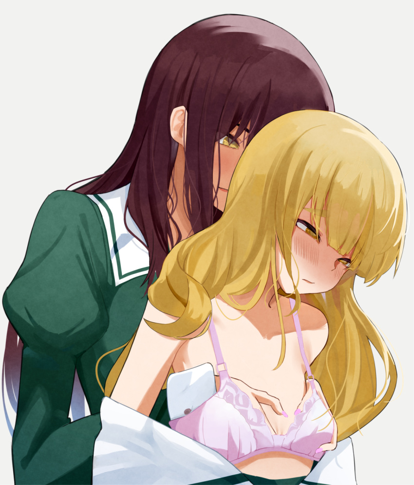 2girls black_hair blonde_hair bra deathgunzaza flat_chest grabbing grabbing_from_behind highres liebe_girls_academy_school_uniform long_hair multiple_girls school_uniform shaded_face shiraki_hime simple_background underwear undressing_another watashi_no_yuri_wa_oshigoto_desu! yano_mitsuki_(watayuri) yellow_eyes yuri