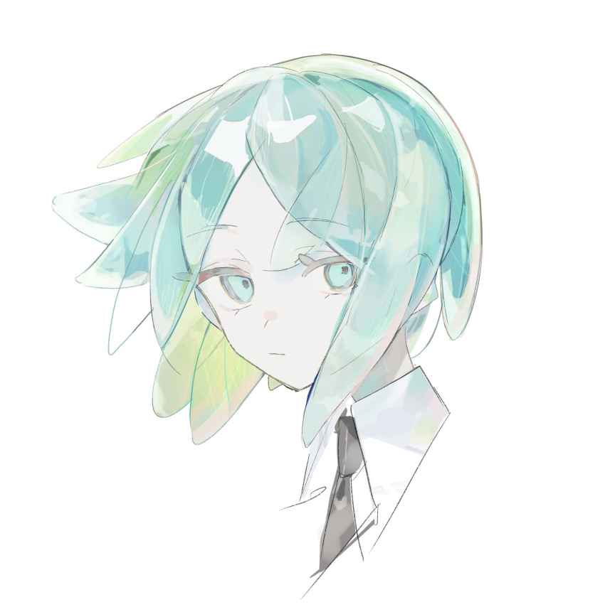 1other androgynous aqua_eyes aqua_hair collared_shirt colored_skin crystal_hair expressionless eyelashes high_collar highres houseki_no_kuni necktie other_focus parted_bangs phosphophyllite portrait shirt short_hair sideways_glance simple_background solo thick_eyelashes tsukikaze_aki white_background white_shirt white_skin wing_collar