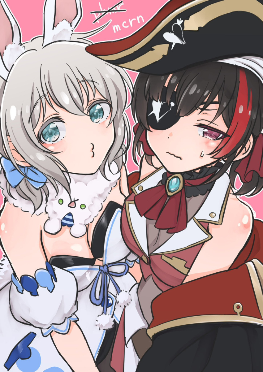 2girls animal_ears aoba_moca aqua_eyes ascot bang_dream! bicorne black_choker black_coat black_hair black_headwear blush breast_envy breast_press breasts brooch choker cleavage closed_mouth coat cosplay detached_sleeves dress eyepatch frilled_choker frills fur_scarf grey_hair hat highres hololive houshou_marine houshou_marine_(1st_costume) houshou_marine_(cosplay) jacket jewelry looking_at_viewer medium_breasts mitake_ran multicolored_hair multiple_girls nicogori one_eye_covered open_clothes open_coat pirate_hat puckered_lips puffy_short_sleeves puffy_sleeves purple_eyes rabbit_ears red_ascot red_hair red_jacket scarf short_hair short_sleeves sleeveless sleeveless_jacket streaked_hair sweat upper_body usada_pekora usada_pekora_(1st_costume) usada_pekora_(cosplay) wavy_mouth white_dress white_scarf