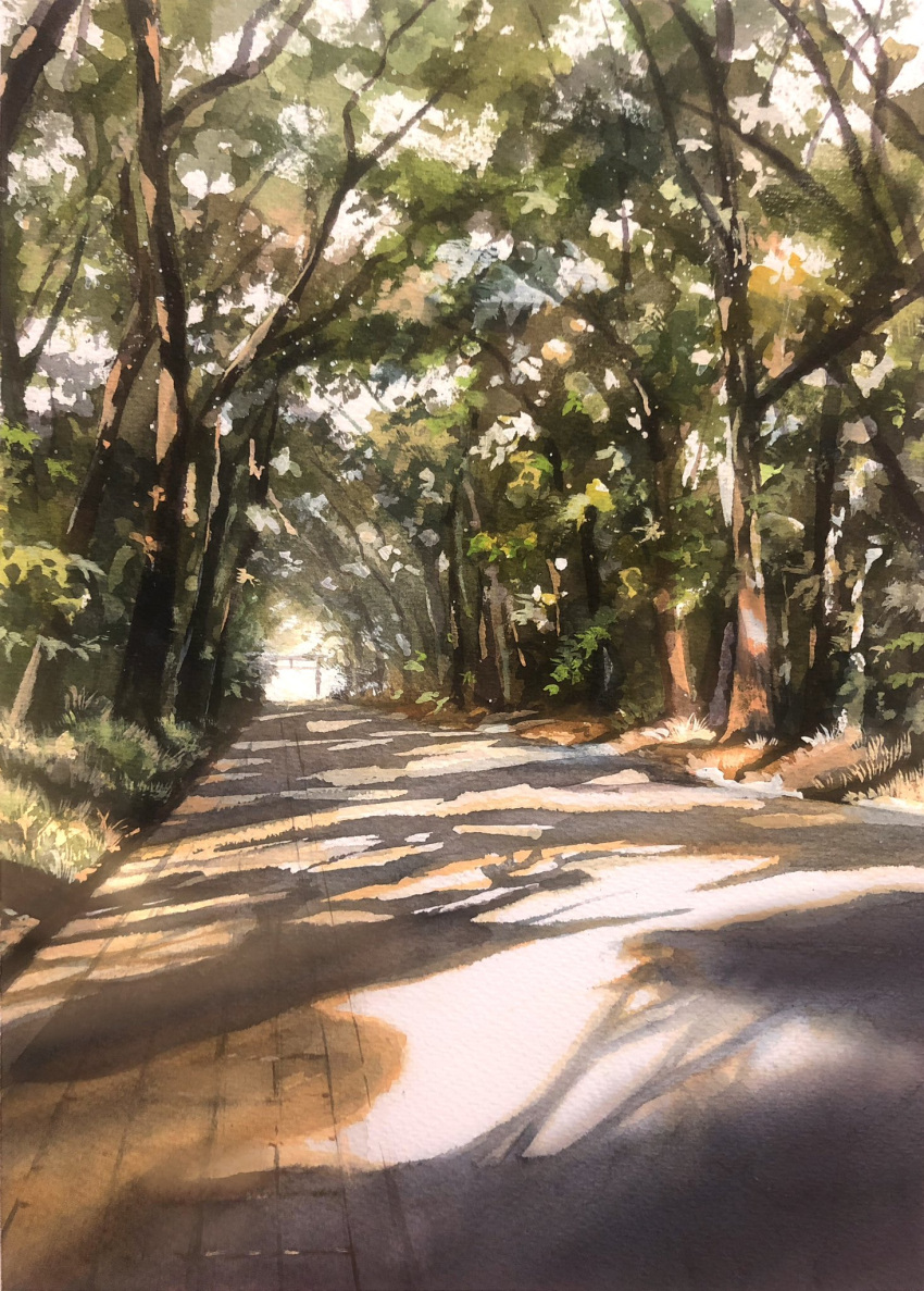 day forest highres nature no_humans original outdoors painting_(medium) road scenery shadow sunlight tlctm7h8wdwnthx traditional_media tree tree_shade watercolor_(medium)