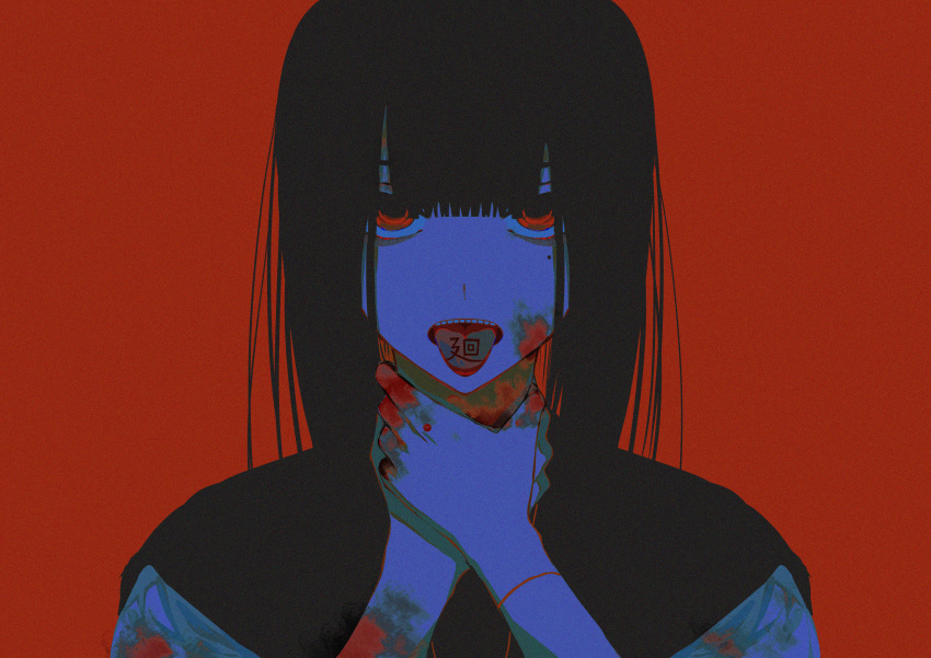 1girl absurdres bags_under_eyes black_capelet black_hair blood blood_on_clothes blood_on_face blood_on_hands blunt_bangs capelet commentary_request film_grain hands_on_own_neck highres kanji_tattoo limited_palette long_hair looking_at_viewer lynne_(vocaloid) mole mole_under_eye open_mouth red_background red_eyes red_theme rin_(rin7kan7) sanpaku school_uniform serafuku simple_background solo straight-on strangling teeth tongue tongue_out tongue_tattoo translation_request upper_teeth_only