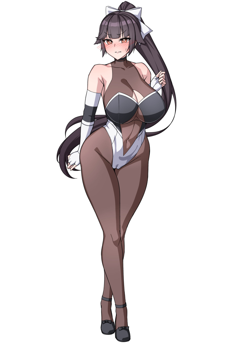 1girl azur_lane bare_shoulders black_hair blush bow breasts cleavage cleavage_cutout clothing_cutout covered_navel full_body highres large_breasts long_hair looking_at_viewer muta_poo official_alternate_costume pantyhose ponytail race_queen solo takao_(azur_lane) takao_(full_throttle_charmer)_(azur_lane) two-tone_leotard white_bow
