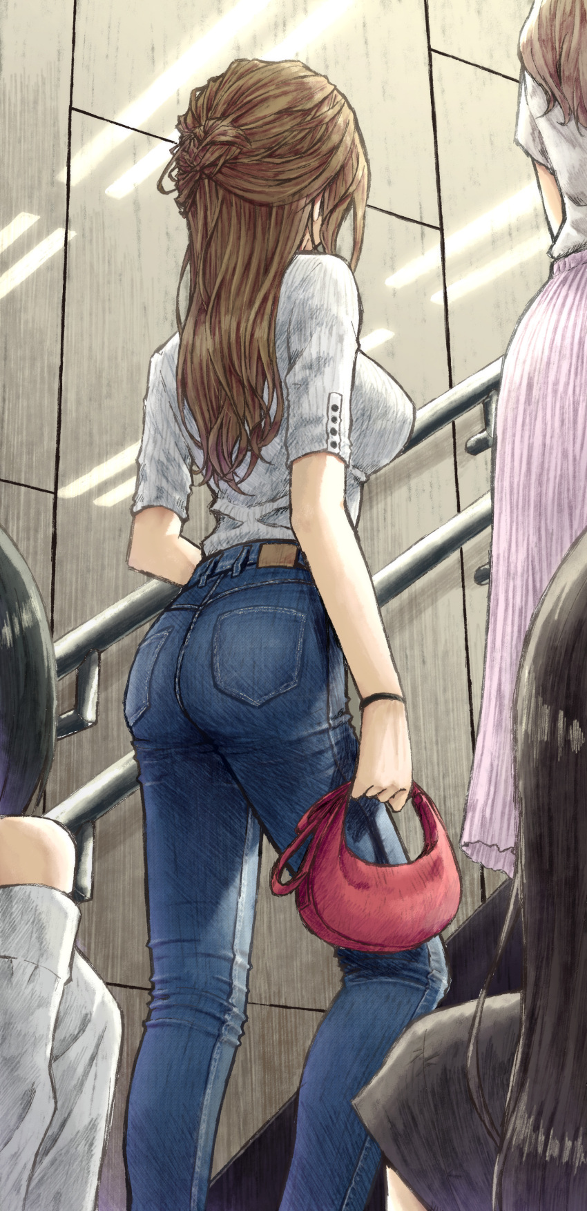 4girls absurdres aramachi ass bag brown_hair denim feet_out_of_frame from_below grey_shirt half_updo highres holding holding_bag jeans multiple_girls original pants people ribbed_shirt shirt solo_focus stairs