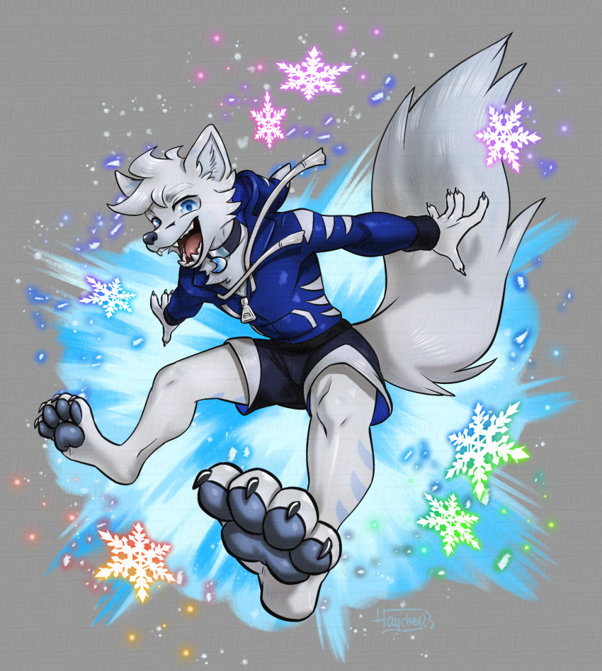 5_fingers absurd_res action_pose anthro biped bottomwear canid canine claws clothed clothing fangs fingers fox fur haychel hi_res male mammal open_mouth open_smile pawpads pose shorts smile snowflake solo tail teeth tongue