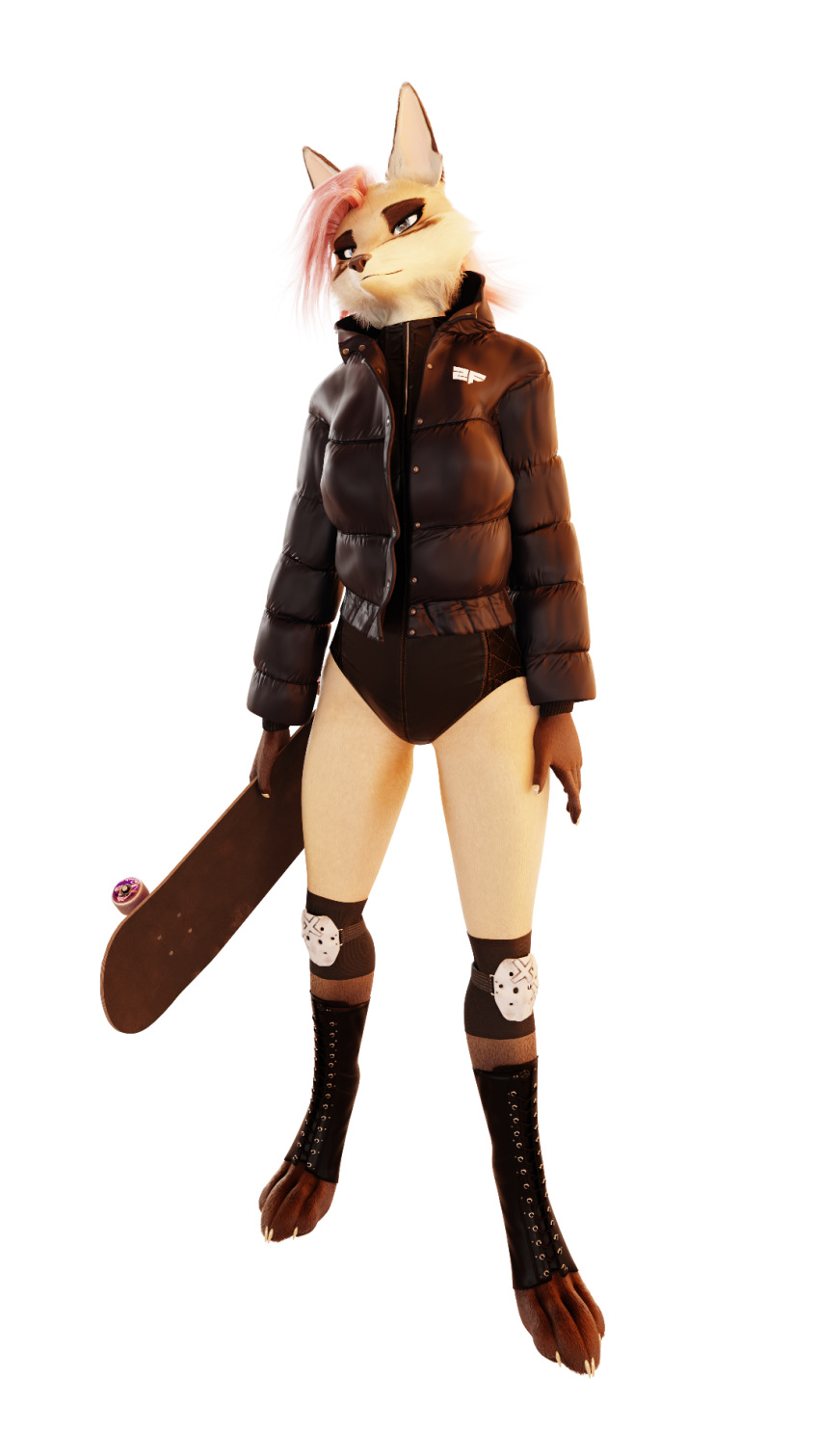 3d_(artwork) anthro blender_(software) blender_cycles canid canine canis claws clothed clothing digital_media_(artwork) female fox fur hair hi_res impreza mammal multicolored_body outside pink_hair simple_background skateboard solo tan_body tan_fur tridognait