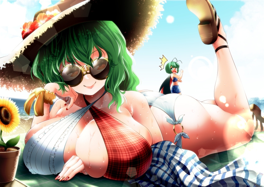 0-den 2girls absurdres antennae ass bikini black_cape black_footwear blue_bikini blue_sky breast_press breasts brown_headwear cape cleavage closed_mouth cloud curvy fingernails flower green_eyes green_hair hat highres huge_breasts kazami_yuuka leg_up long_fingernails looking_at_viewer lying multiple_girls nail_polish on_stomach outdoors plaid plaid_bikini red_bikini red_eyes red_nails round_eyewear sky smile solo_focus straw_hat sunflower sunglasses swimsuit touhou white_bikini wriggle_nightbug