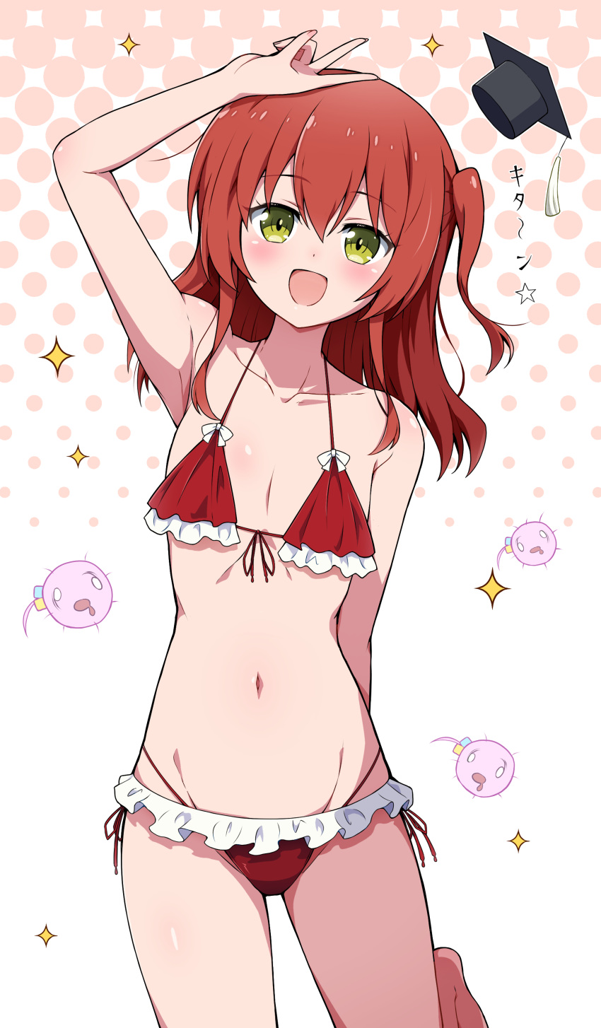1girl absurdres arm_behind_back arm_up bikini blush bocchi_the_rock! breasts collarbone commentary_request cowboy_shot eggman_(pixiv28975023) frilled_bikini frills green_eyes hair_between_eyes halterneck hat highleg highleg_bikini highres kita_ikuyo long_hair looking_at_viewer mortarboard navel one_side_up open_mouth red_bikini red_hair small_breasts smile solo swimsuit v