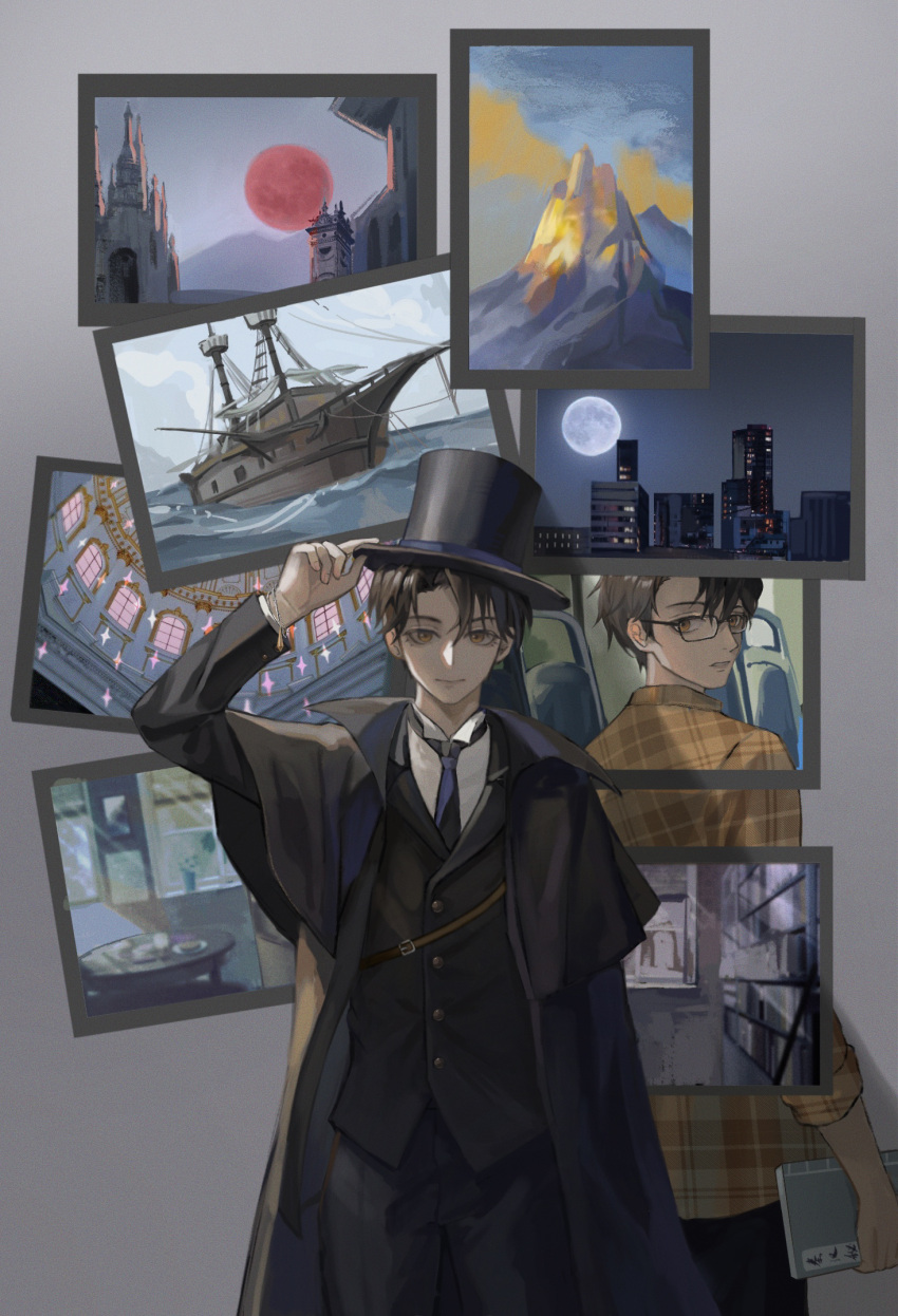 2boys adjusting_clothes adjusting_headwear black_coat black_hair black_headwear black_jacket black_necktie black_pants book brown_eyes building castle chinese_commentary church city_lights cloud cloudy_sky coat commentary_request fingernails full_moon glasses grey_background hat highres holding holding_book jacket klein_moretti looking_at_viewer looking_back lord_of_the_mysteries maikelaien moon mountain multiple_boys necktie night night_sky ocean pants parted_lips pendulum picture_(object) red_moon red_star shaded_face ship shirt short_hair simple_background sky smile star_(symbol) table teeth top_hat watercraft white_shirt