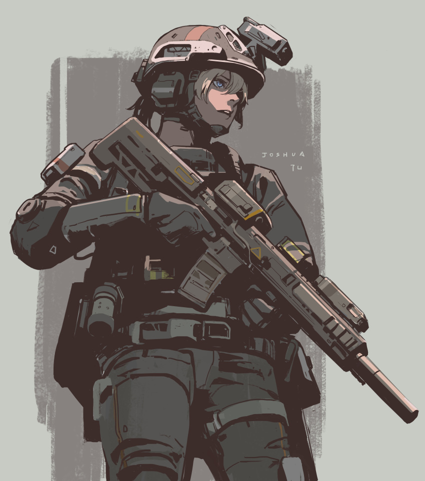 1girl absurdres artist_name assault_rifle black_gloves black_jacket black_pants blonde_hair blue_eyes combat_helmet flashbang gloves grey_background gun helmet highres jacket joshuatu7 military_uniform optical_sight original pants rifle solo suppressor trigger_discipline uniform weapon weapon_request