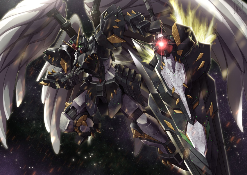 commentary commission english_commentary glowing glowing_eye green_eyes gundam gundam_wing gundam_wing_endless_waltz highres holding holding_sword holding_weapon looking_at_viewer mecha mechanical_wings mobile_suit no_humans open_hand original porukima redesign robot science_fiction solo space star_(sky) sword v-fin weapon wing_gundam_zero_custom wings