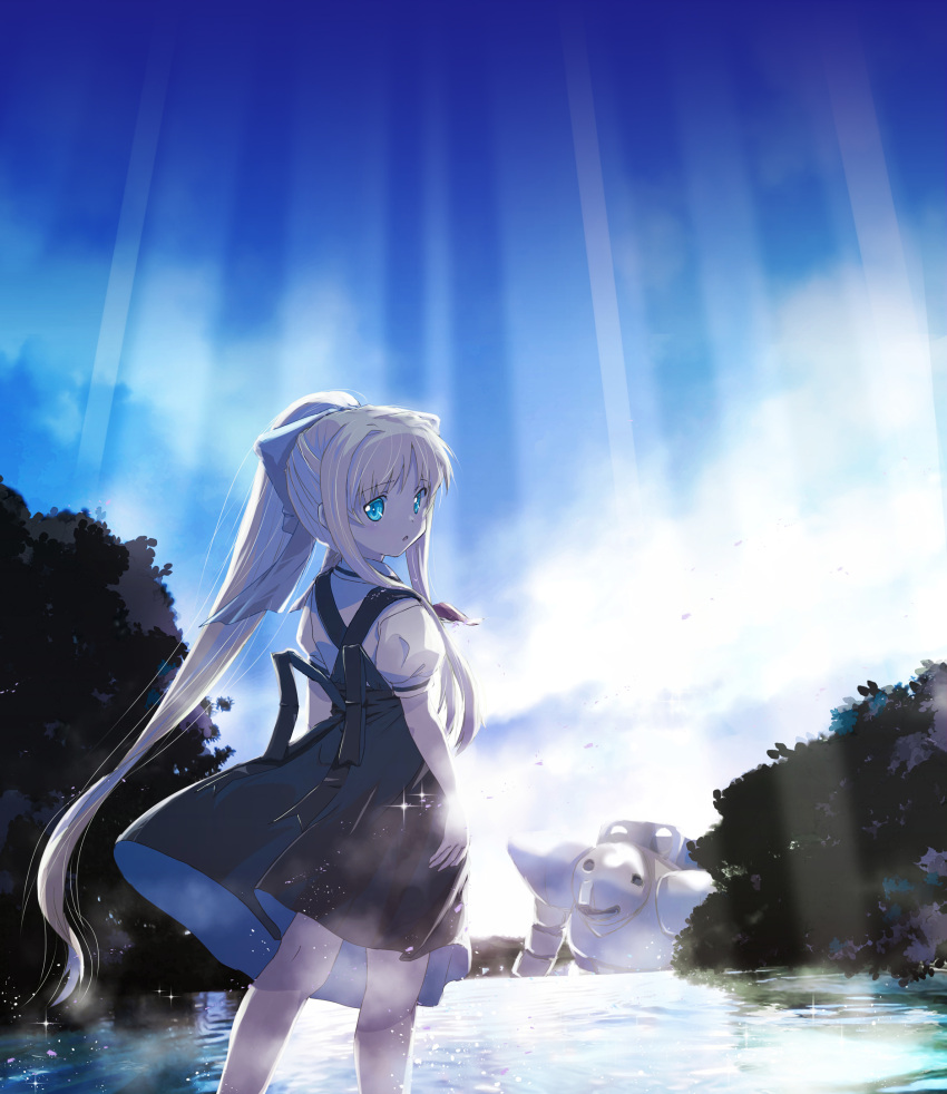 1girl air_(visual_novel) akayama_yukihe arms_at_sides back_bow black_bow black_dress blonde_hair blue_eyes blue_sky bow commentary day dress feet_out_of_frame floating_hair fog hair_between_eyes hair_over_shoulder highres kamio_misuzu light_blush light_rays long_hair looking_at_viewer looking_back necktie outdoors ponytail puffy_short_sleeves puffy_sleeves red_necktie river school_uniform shirt short_sleeves sidelocks sky sleeveless sleeveless_dress solo sparkle standing straight_hair sunbeam sunlight very_long_hair white_shirt