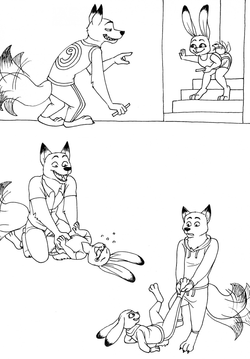 2023 3_toes 4_fingers anthro barefoot bernielover bodily_fluids bottomwear breasts canid canine claws clothed clothing disney dress_shirt duo feet female fingers foot_grab fox fur hair hi_res hindpaw hoodie humanoid_hands judy_hopps lagomorph leporid lying male male/female mammal nick_wilde on_back open_mouth open_smile paws playing rabbit shirt shorts smile standing sweatpants tail tail_motion tailwag tank_top tears tickling toe_claws toes topwear zootopia