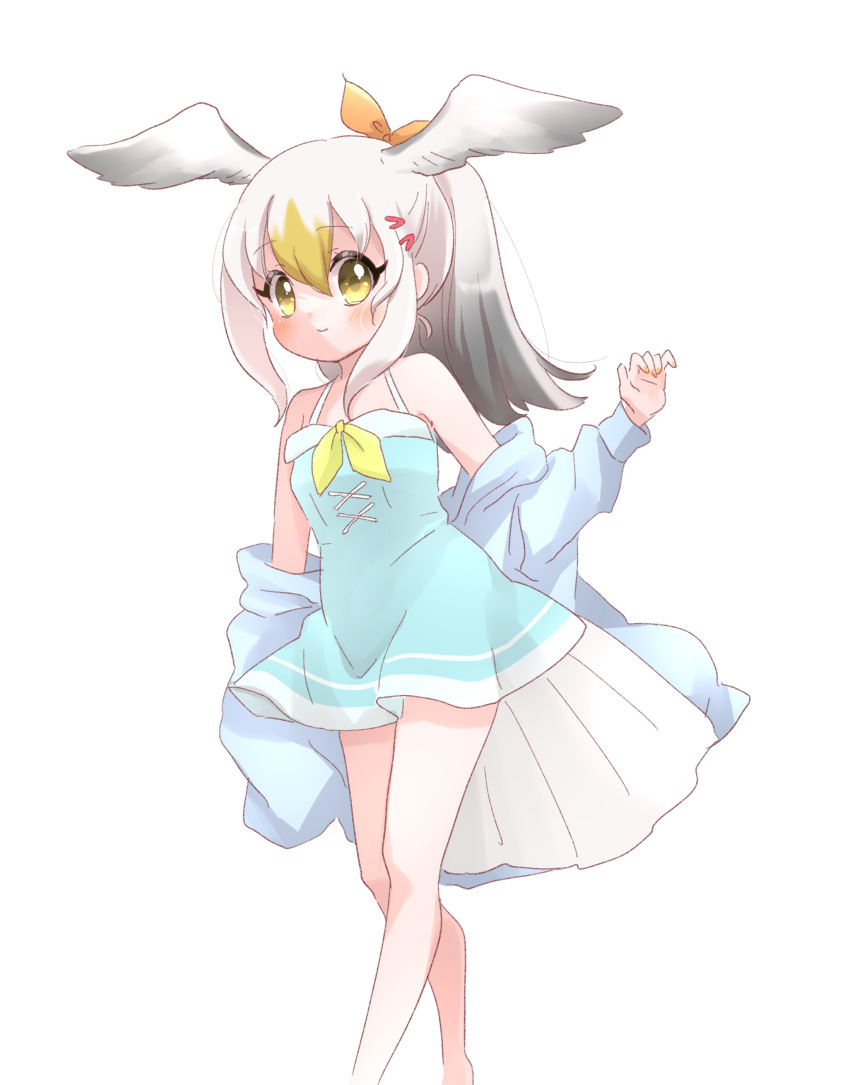 1girl absurdres alternate_costume alternate_hairstyle bare_legs bare_shoulders bird_girl bird_tail bird_wings blonde_hair blue_dress blue_jacket blush bow common_gull_(kemono_friends) dress grey_hair hair_between_eyes hair_bow head_wings highres jacket jacket_partially_removed kemono_friends kuromitsu_(9633_kmfr) long_hair looking_at_viewer multicolored_hair orange_bow ponytail sidelocks sleeveless spaghetti_strap tail white_hair wings yellow_eyes