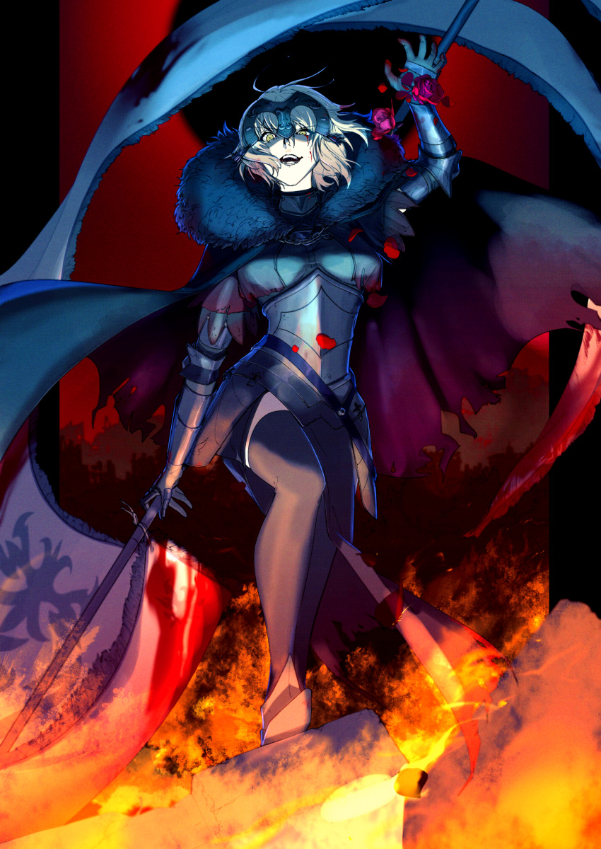 1girl armor armored_dress banner blood blood_on_face fate/grand_order fate_(series) fire flag full_body gauntlets headpiece highres jeanne_d'arc_alter_(avenger)_(fate) jeanne_d'arc_alter_(fate) looking_at_viewer mizuna237 plackart short_hair solo standard_bearer white_hair yellow_eyes