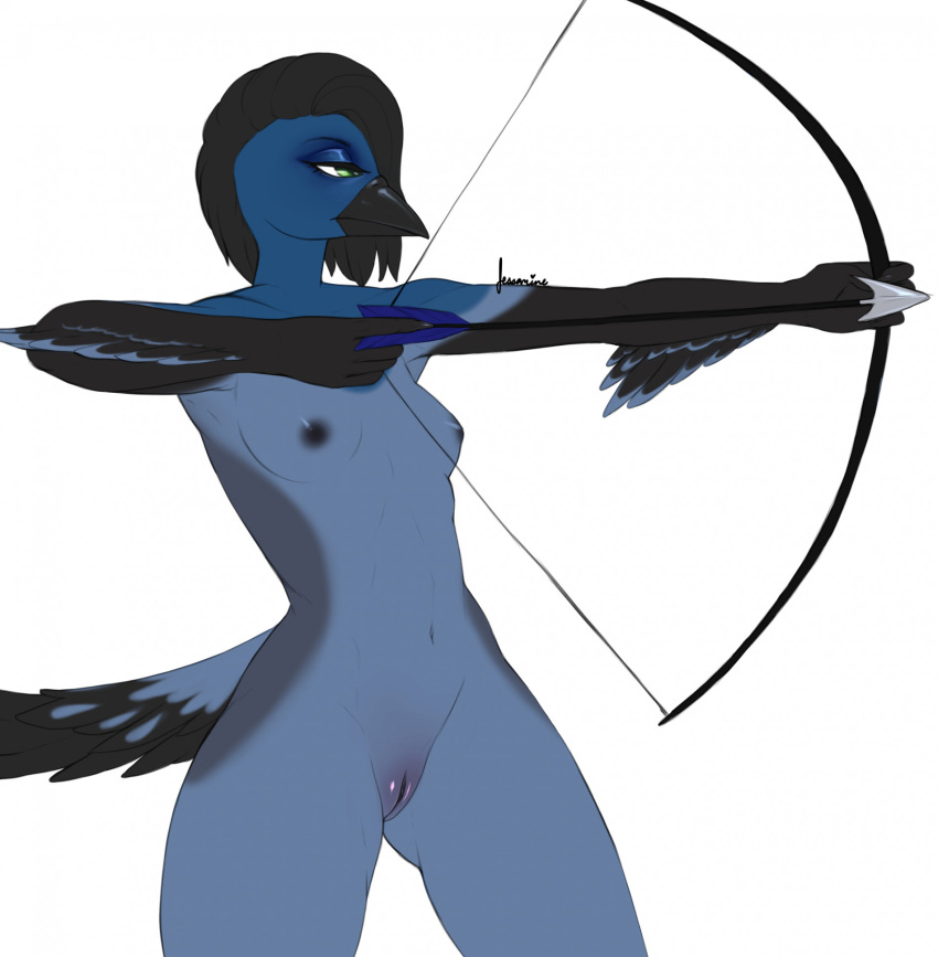 anthro avian beak bird black_nipples blue_body blue_feathers blue_jay bow_(weapon) breasts corvid eyeshadow feathers female genitals green_eyes hi_res jay_(bird) makeup new_world_jay nipples non-mammal_breasts non-mammal_nipples nude oscine passerine pussy ranged_weapon reina. simple_background small_breasts solo steller's_jay tail_feathers weapon white_background