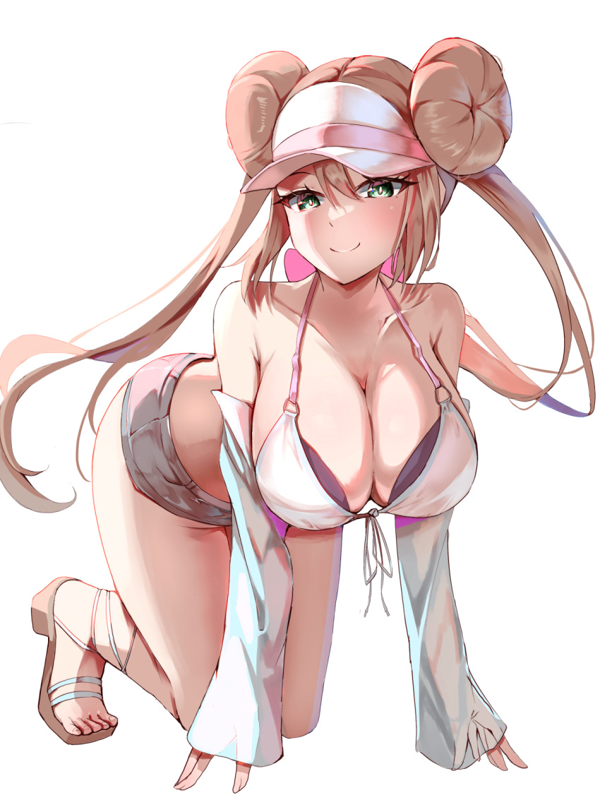1girl all_fours breasts brown_hair cleavage closed_mouth collarbone detached_sleeves double_bun doughnut_hair_bun floating_hair full_body green_eyes hair_bun highres large_breasts long_hair long_sleeves momdy_(talesshinja) open_clothes open_shirt pokemon pokemon_bw2 rosa_(pokemon) short_shorts shorts simple_background smile solo twintails very_long_hair visor_cap