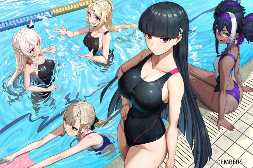 5girls ash_arms black_eyes black_hair blonde_hair breasts character_request cleavage closed_mouth dark-skinned_female dark_skin double_bun hair_bun hand_on_own_hip highres kickboard large_breasts long_hair looking_at_viewer michihasu multicolored_hair multiple_girls official_art one-piece_swimsuit open_mouth partially_submerged ponytail pool purple_hair sitting smile splashing standing streaked_hair swimming swimsuit water wet white_hair