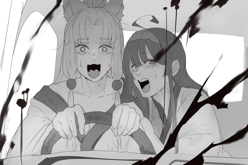 2girls :3 absurdres ahoge animal_ears blood blood_splatter breasts chainsaw_man cleavage collarbone commentary derivative_work driving fox_ears fox_girl fujimoto_tatsuki_(style) greyscale hairband high_ponytail highres japanese_clothes kimono long_hair manga_panel_redraw meme monochrome motion_blur multiple_girls off_shoulder open_mouth parted_bangs power_crashes_kobeni's_car_(meme) scared shiburingaru sidelocks single_bare_shoulder steering_wheel sweat touhoku_itako touhoku_zunko voiceroid wide-eyed