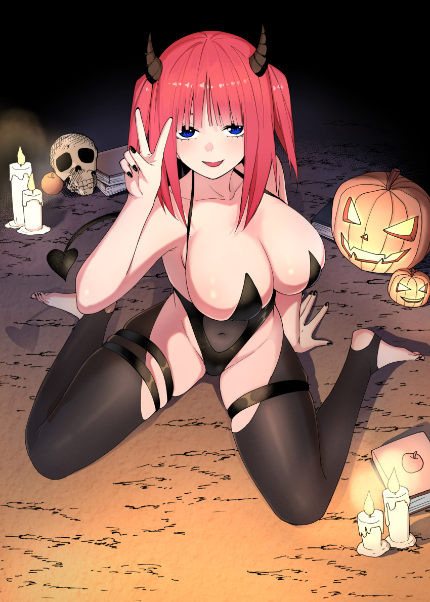 1girl alternate_breast_size alternate_costume alternate_hairstyle bare_shoulders barefoot black_dress black_horns black_nails black_tail black_thighhighs blue_eyes book breasts candle cleavage dark demon_girl demon_horns demon_tail dirt dress food fruit go-toubun_no_hanayome halloween halloween_costume hand_on_floor hand_on_ground highres horns huge_breasts jack-o'-lantern kosmos_beta large_breasts looking_at_viewer nail_polish nakano_nino night night_sky non-web_source off-shoulder_dress off_shoulder orange_(fruit) pink_hair pumpkin seductive_smile short_hair short_twintails skull sky sleeveless sleeveless_dress smile tail thighhighs twintails victory_pose