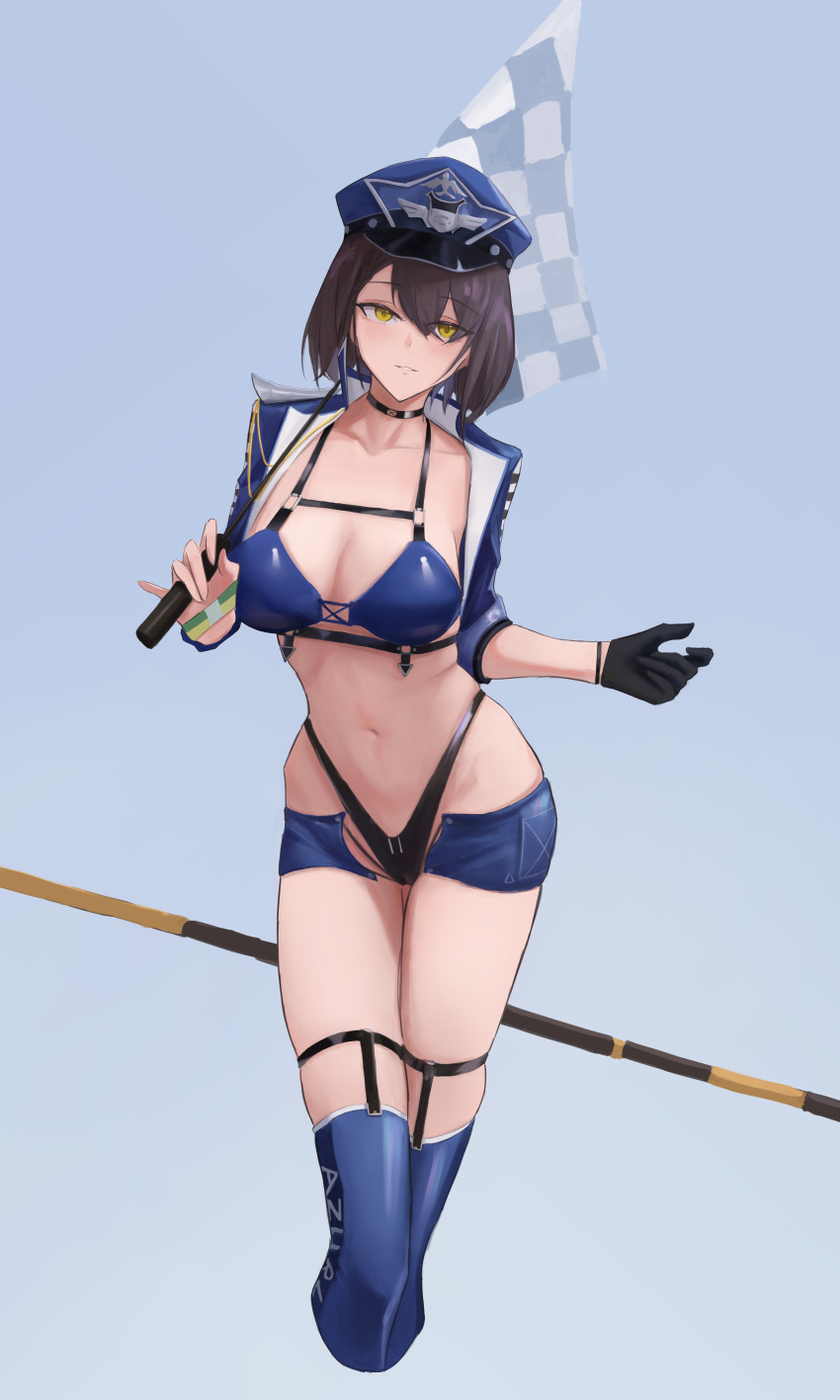 1girl absurdres azur_lane baltimore_(azur_lane) baltimore_(finish_line_flagbearer)_(azur_lane) bikini black_bikini black_gloves blue_bikini blue_footwear blue_headwear blue_jacket blue_shorts boots breasts brown_hair checkered_flag chest_harness chinese_commentary choker cleavage collarbone commentary_request cropped_jacket cropped_legs flag gloves grey_background hair_between_eyes harness hat highleg highleg_bikini highres holding holding_pole jacket kong_zhizen large_breasts looking_at_viewer micro_shorts mismatched_bikini navel official_alternate_costume open_clothes open_jacket parted_lips peaked_cap pole race_queen short_hair shorts sidelocks single_glove skindentation solo standing stomach swimsuit thigh_boots yellow_eyes