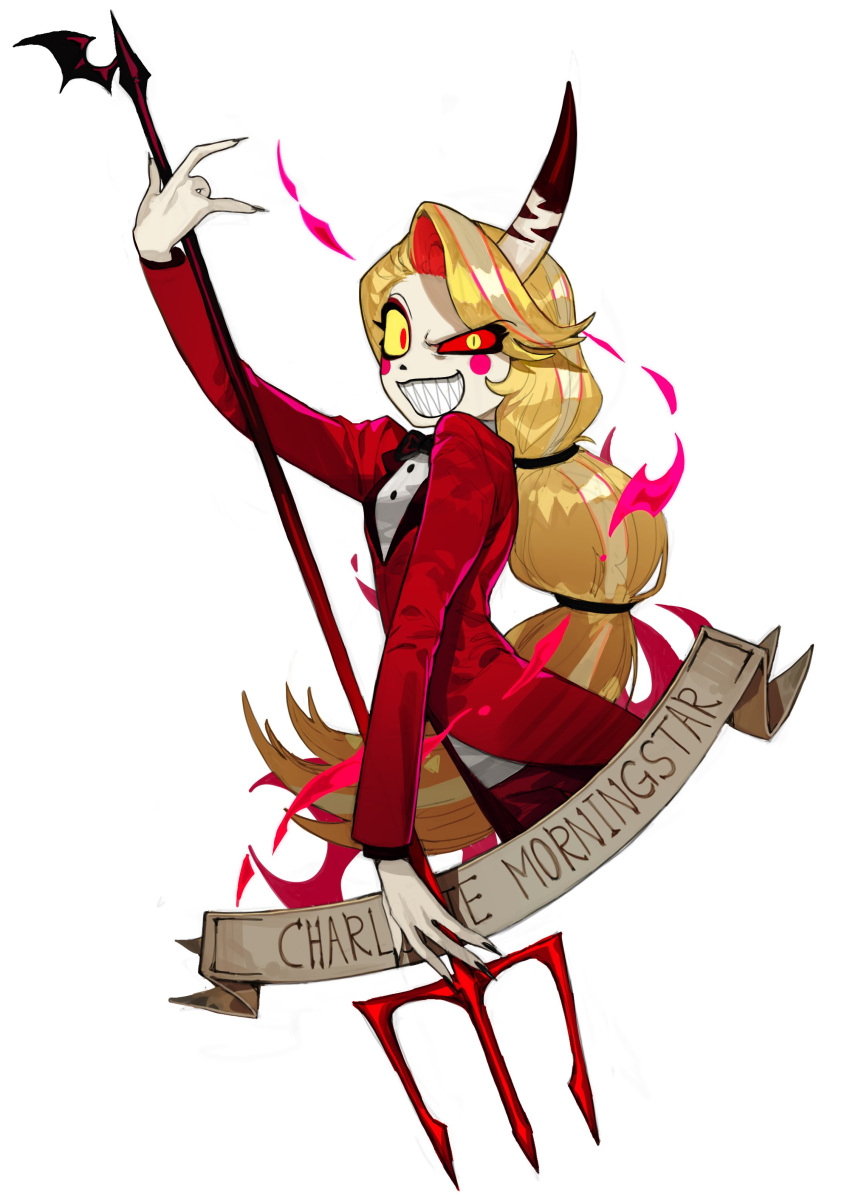 1girl absurdres black_bow black_bowtie black_lips blonde_hair blush_stickers bow bowtie charlie_morningstar colored_sclera demon demon_girl demon_horns hazbin_hotel highres horns long_hair looking_at_viewer p_(pm_611a) pale_skin red_sclera red_suit smile suit tuxedo yellow_sclera