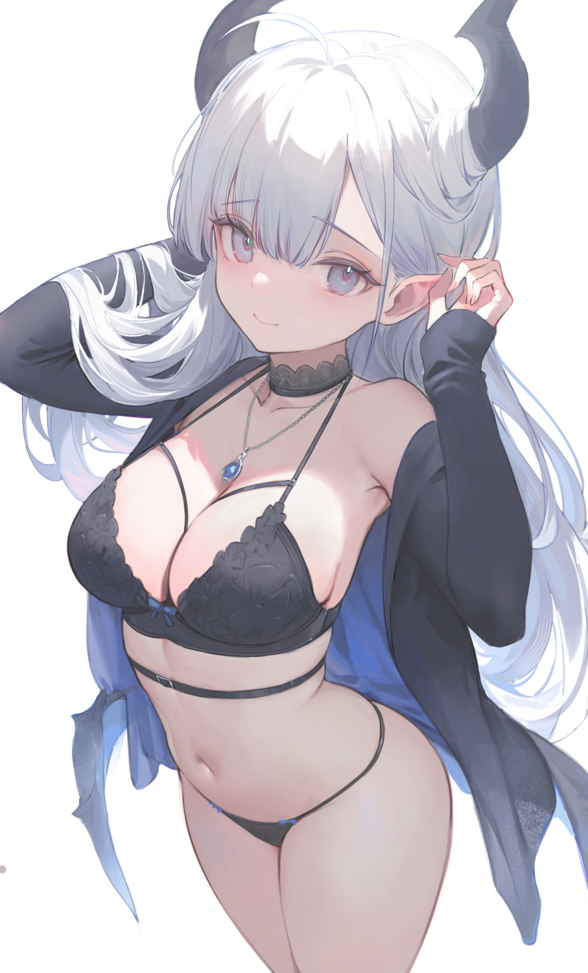 1girl black_bra black_choker black_jacket black_panties bra breasts choker cleavage grey_eyes highres jacket jewelry large_breasts necklace nekojira original panties single_bare_shoulder solo thea_(nekojira) underwear white_hair