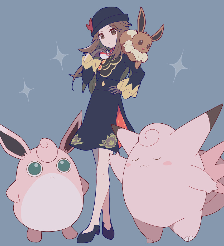 1girl 343rone absurdres black_dress black_footwear black_headwear brown_eyes brown_hair clefable closed_mouth commentary_request crossed_legs dress gloves grey_background hair_flaps hand_on_own_hip hand_up hat highres holding holding_poke_ball leaf_(champion)_(pokemon) leaf_(pokemon) long_hair long_sleeves official_alternate_costume on_shoulder poke_ball pokemon pokemon_(creature) pokemon_(game) pokemon_masters_ex pokemon_on_shoulder premier_ball shoes sparkle standing watson_cross wigglytuff