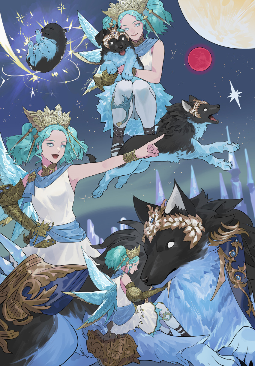 1girl age_progression animal aqua_hair bare_shoulders blank_eyes blue_eyes blue_sash blue_wings bracelet bright_pupils byuub circlet collar curly_hair dalamud dated dog dress feathered_wings final_fantasy final_fantasy_xiv floating from_side full_moon gauntlets hand_on_hip highres holding holding_animal holding_dog jewelry looking_at_viewer menphina metal_collar moon multiple_views multiple_wings night night_sky open_mouth outstretched_arm pointing pointing_forward profile puppy red_moon sash short_hair short_twintails signature single_gauntlet sitting size_difference sky sleeveless sleeveless_dress smile squatting star_(sky) starry_sky tiara twintails white_dress white_pupils wings