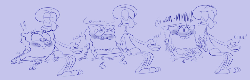 anthro blush cephalopod clothed clothing coleoid comic duo fully_clothed hi_res male male/male marine mollusk nickelodeon octopodiform octopus on_model sea_sponge sex_toy spongebob_squarepants spongebob_squarepants_(character) squidward_tentacles toony vibrator yece