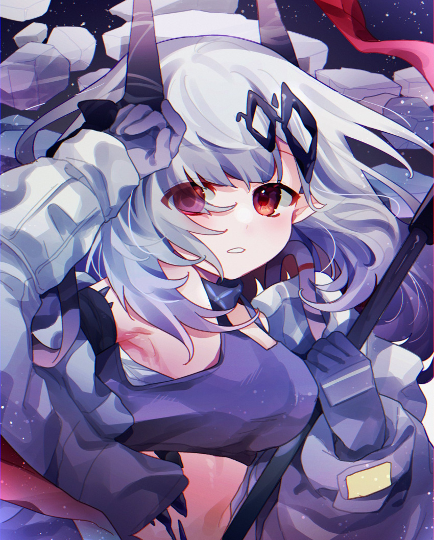 1girl arknights arm_up armpits black_gloves black_sports_bra breasts commentary demon_horns elite_ii_(arknights) eyes_visible_through_hair gloves hair_ornament highres holding holding_staff horns infection_monitor_(arknights) jumpsuit large_breasts midriff mudrock_(arknights) night night_sky open_jumpsuit oripathy_lesion_(arknights) outdoors pointy_ears red_eyes rock short_hair sky solo sports_bra staff star_(sky) starry_sky takumi_mizuki upper_body white_hair white_jumpsuit