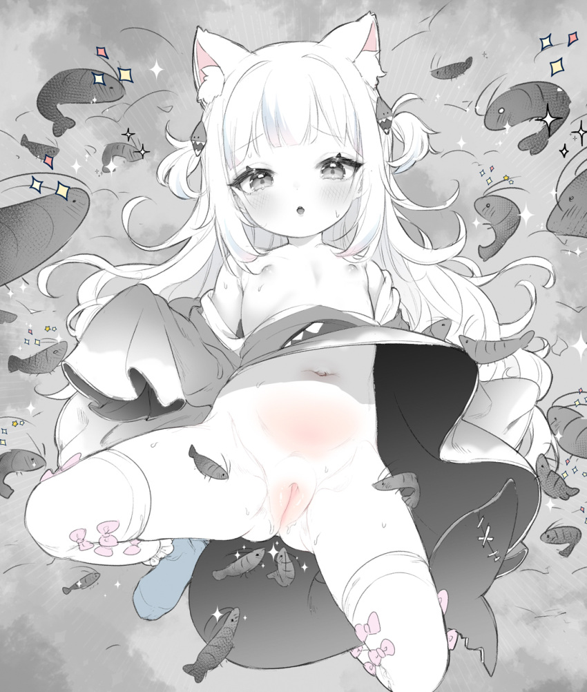 1girl animal_ear_fluff animal_ears animal_hood bangs blunt_bangs blush bow_legwear cat_ears ebi-chan_(gawr_gura) fins fish_tail flat_chest gawr_gura hair_ornament highres hololive hololive_english hood long_hair looking_at_viewer medium_hair monochrome multicolored_hair naked_hood navel nipples no_bra no_panties open_mouth pussy pussy_juice shark_girl shark_hair_ornament shark_hood shark_tail shrimp solo spot_color spread_legs streaked_hair tail teeth thighhighs two_side_up virtual_youtuber yazawa_oke