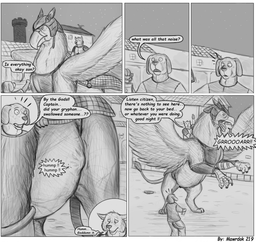 abdominal_bulge after_vore anthro anthro_prey armor avian beak canid canine canis comic domestic_dog feral feral_pred gryphon headgear helmet hi_res jagg_(thatgryphonguy) male mammal mythological_avian mythology ramz_(thatgryphonguy) sketch thatgryphonguy unwilling_prey village vore wings wolf
