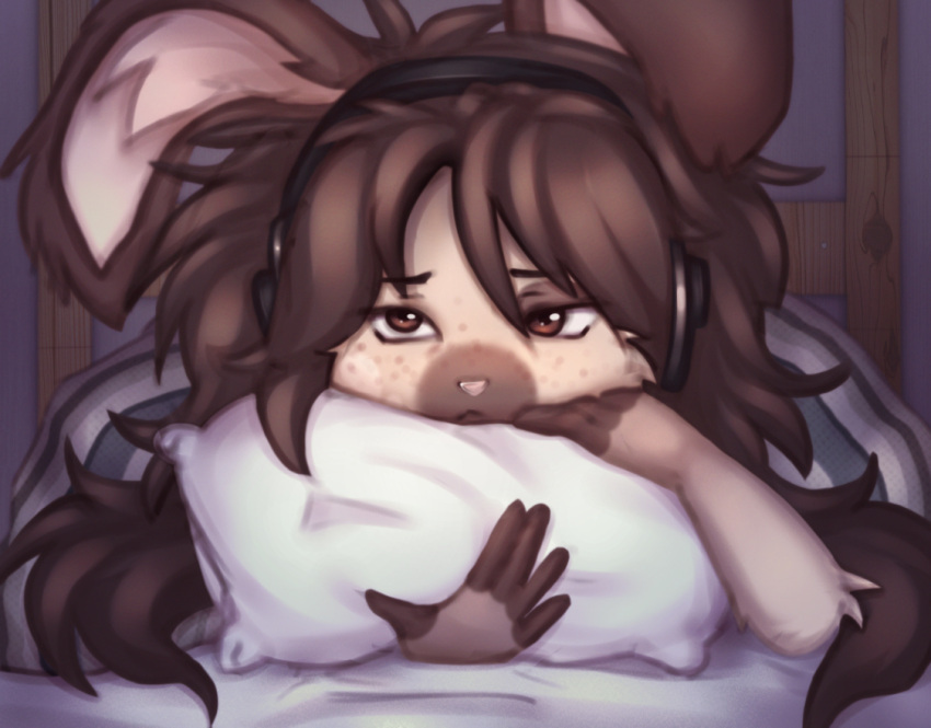 anthro bed bedding blanket elronya fan_character female furniture hair inside lagomorph leporid long_hair mammal pillow rabbit ronya solo