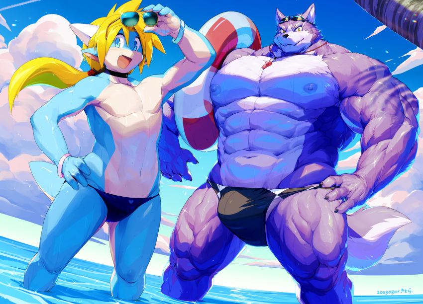 accessory anthro blonde_hair blue_body blue_eyes blue_skin bulge canid canine canis choker clothing cloud dragon duo eyewear faolan_(kitora) fur hair hair_accessory hairband hi_res horn jewelry kitora life_preserver male male/male mammal muscular necklace nipples palm_tree plant ponytail purple_body purple_fur red_hairband sky sunglasses swimming_goggles swimwear tree underwear walter_(kitora) water whistle wolf wristband yellow_eyes