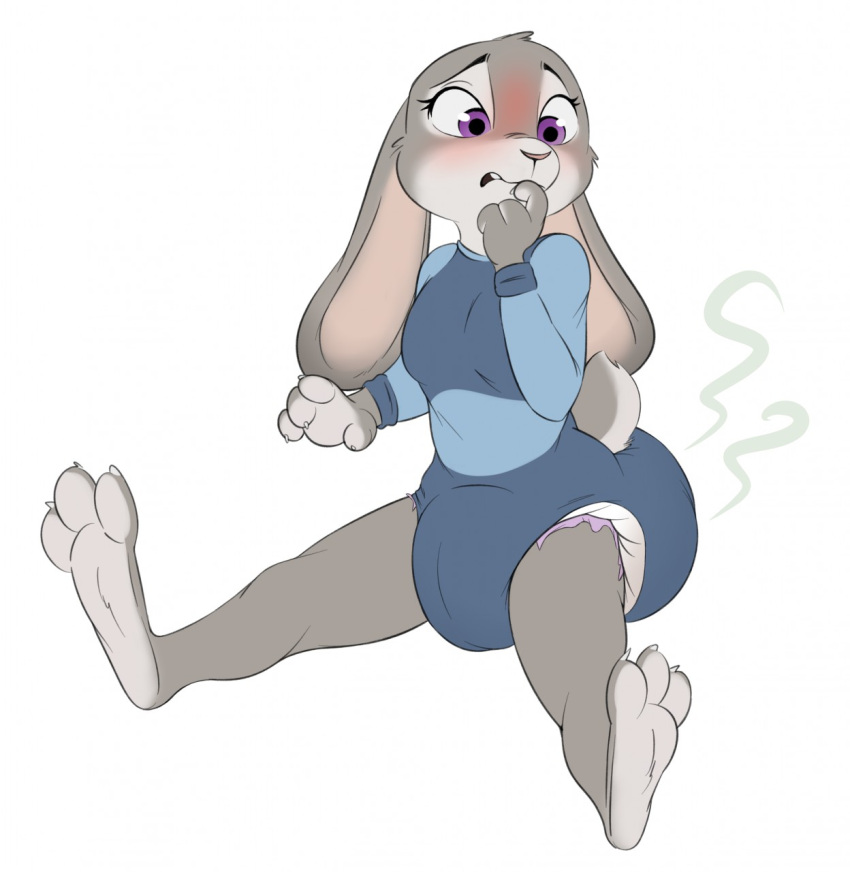 3_toes 4_fingers anthro blush claws clothed clothing diaper diaper_under_clothing disney ears_down embarrassed feces feet female fingers fur furgonomics grey_body grey_fur hi_res infantilism judy_hopps lagomorph leporid long_ears mammal messy_diaper messyszop onesie pivoted_ears purple_eyes rabbit scat scut_tail short_tail simple_background sitting smelly soiled soiled_diaper soiling solo spread_legs spreading tail toes topless white_background worried worried_look zootopia