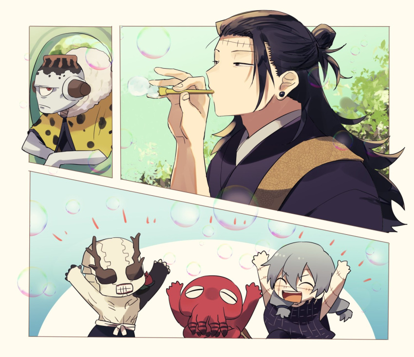 3boys ^_^ arms_up black_hair black_kimono black_shirt bubble_blowing bubble_pipe chibi closed_eyes cyclops dagon_(jujutsu_kaisen) ear_piercing frown getou_suguru getou_suguru_(kenjaku) grey_hair hair_pulled_back hanami_(jujutsu_kaisen) hand_up highres holding japanese_clothes jogo_(jujutsu_kaisen) jujutsu_kaisen kimono long_hair mahito_(jujutsu_kaisen) monster multiple_boys one-eyed piercing red_eyes shirt short_sleeves stitches twintails upper_body yuu_2111