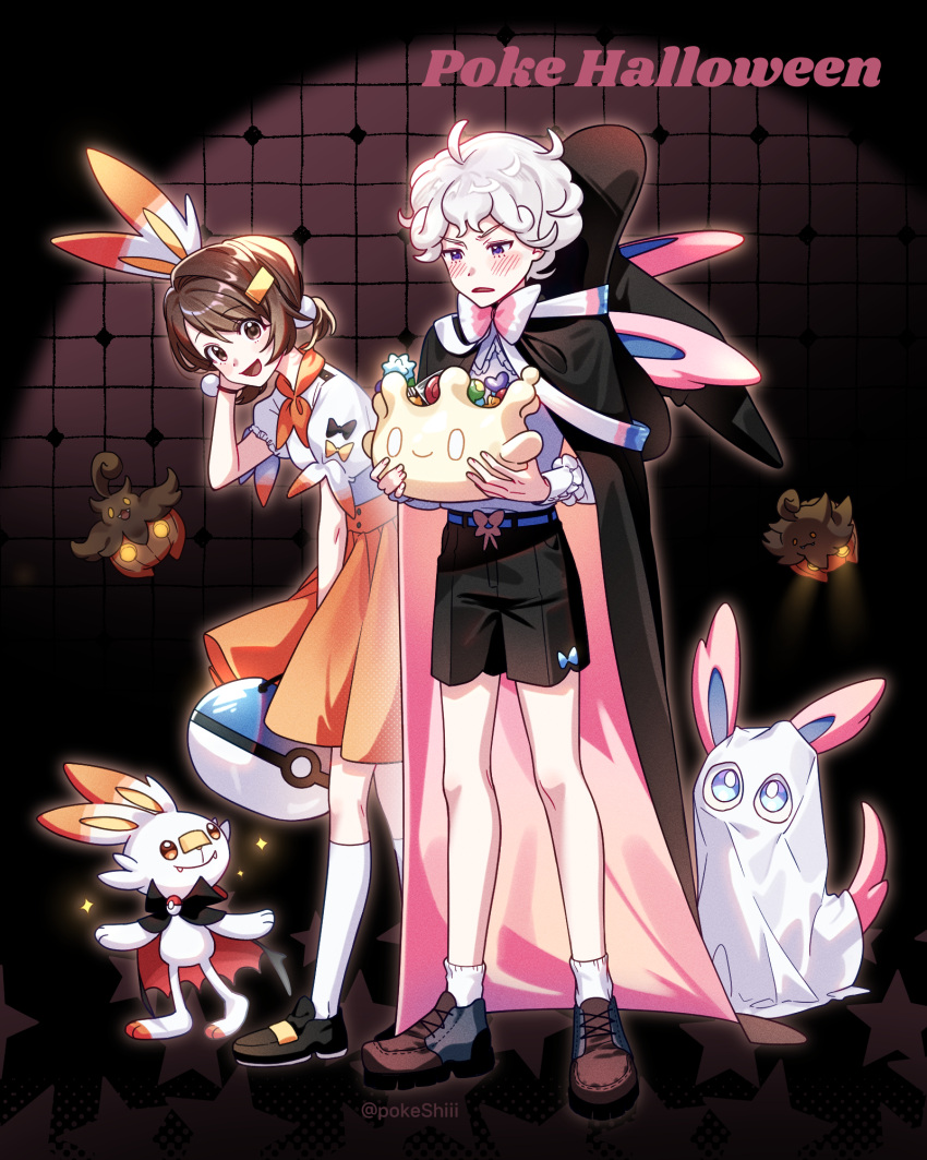 1boy 1girl :d alternate_costume bede_(pokemon) black_shorts blush brown_eyes brown_hair cape commentary curly_hair gloria_(pokemon) grey_hair halloween hand_up hat highres holding knees leaning looking_down open_mouth pokemon pokemon_(creature) pokemon_(game) pokemon_swsh pumpkaboo scorbunny shi_mohaji shirt shoes short_hair short_sleeves shorts smile socks standing sylveon symbol-only_commentary white_shirt white_socks