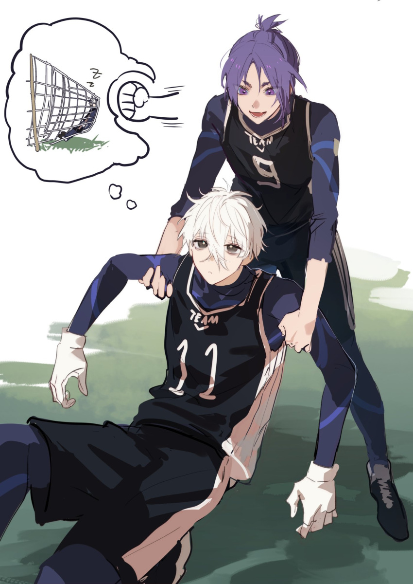 2boys blue_lock closed_mouth doran_(doran7280) gloves grey_eyes hair_between_eyes highres long_sleeves male_focus mikage_reo multiple_boys nagi_seishirou net open_mouth purple_eyes purple_hair short_hair shorts soccer_uniform sportswear white_gloves white_hair