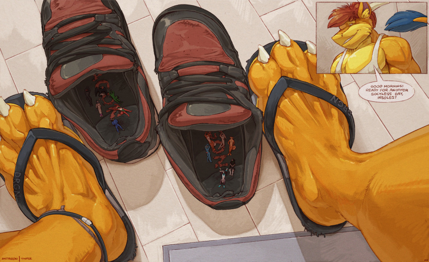 anthro balls barely_visible_balls barely_visible_genitalia barely_visible_penis canid canine claws clothing dragon erection feet flip_flops floor foot_focus footwear fox genitals group hair hi_res macro male mammal micro orange_body penis red_hair sandals shoes sneakers tail tail_tuft thaz_(artist) thaz_(character) toes tuft