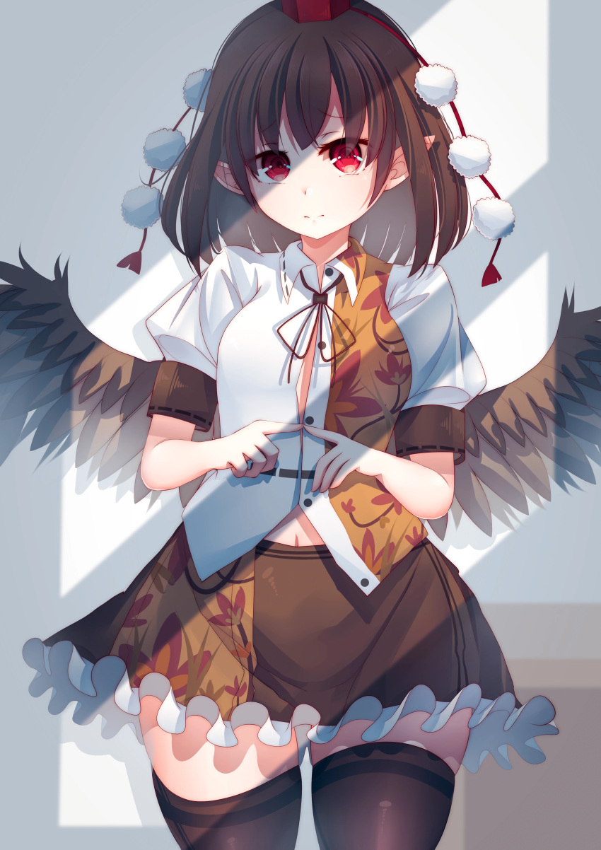 1girl absurdres bird_wings black_ribbon black_skirt black_thighhighs black_wings brown_hair hat highres index_fingers_together indoors leaf_print looking_at_viewer maple_leaf_print penglai_tea pointy_ears pom_pom_(clothes) puffy_short_sleeves puffy_sleeves red_eyes red_headwear ribbon shade shameimaru_aya shirt short_hair short_sleeves skirt solo sunlight thigh_gap thighhighs tokin_hat touhou white_shirt window_shade wings