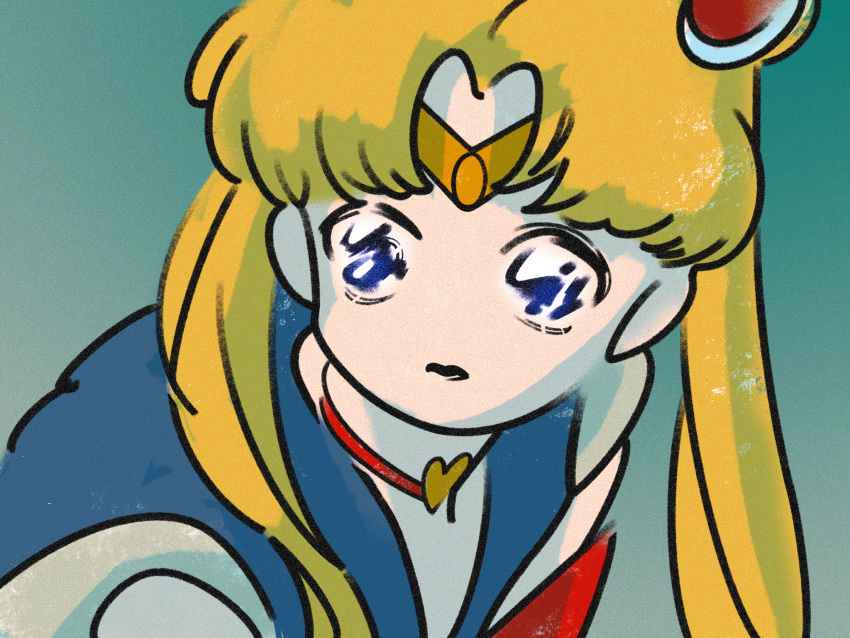 1girl bishoujo_senshi_sailor_moon blonde_hair blue_eyes blue_sailor_collar blurry blurry_background choker diadem hair_over_shoulder heart heart_choker highres long_hair mashimi meme no_nose parted_bangs red_choker sailor_collar sailor_moon sailor_moon_redraw_challenge_(meme) sailor_senshi_uniform shadow solo tsukino_usagi twintails